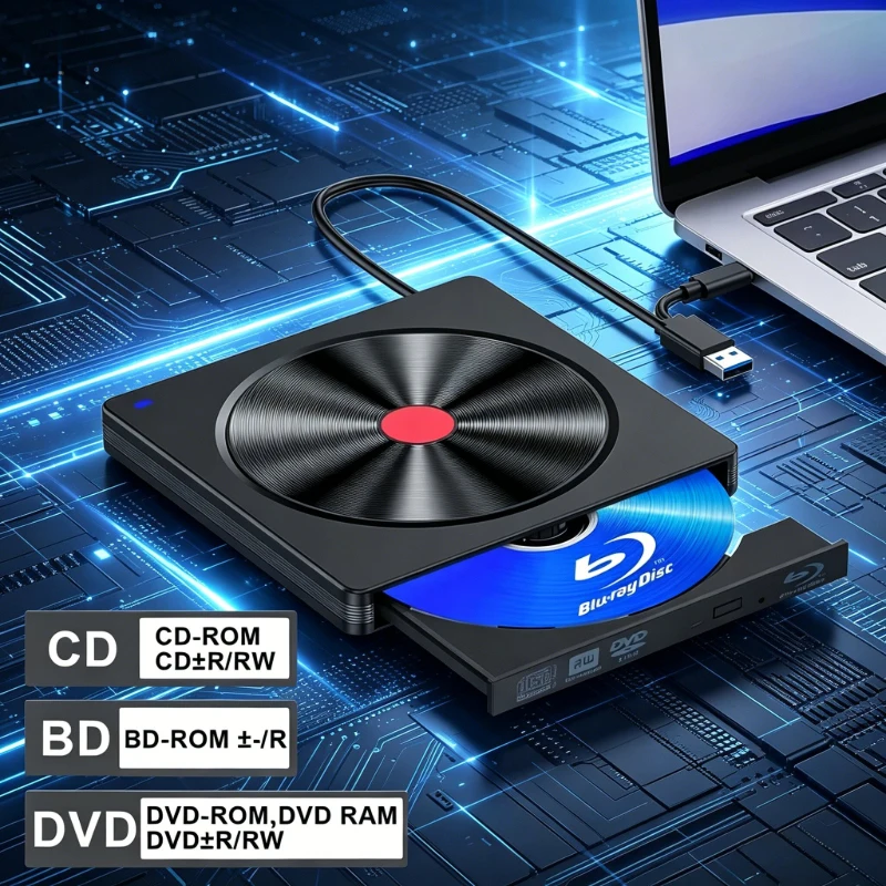 Unidad de Blu-ray Externa, Lector de BD USB 3.0 y Tipo-C, Grabadora de DVD/CD – Reproductor de Blu-ray Portátil para Laptop PC, Windows/Linux/Mac OS