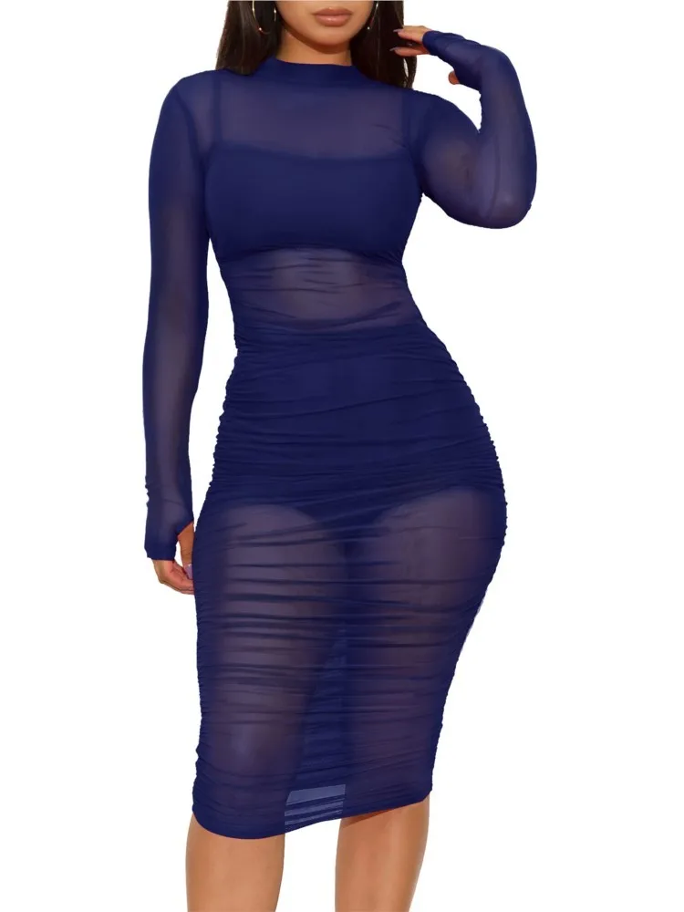 New Women Mesh See Through 3 Piece Set Bodycon Ruched Cover Up Mini Dress+Camis+Shorts 3 Pieces Suits Sexy Party Female Outfits