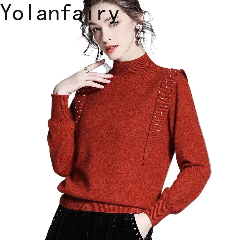 

YOLANFAIRY High-end 89%Wool 11% Cashmere Sweater Woman Light Luxury High-neck Base Layer Long Sleeve Tops Wool Sweaters Pullover