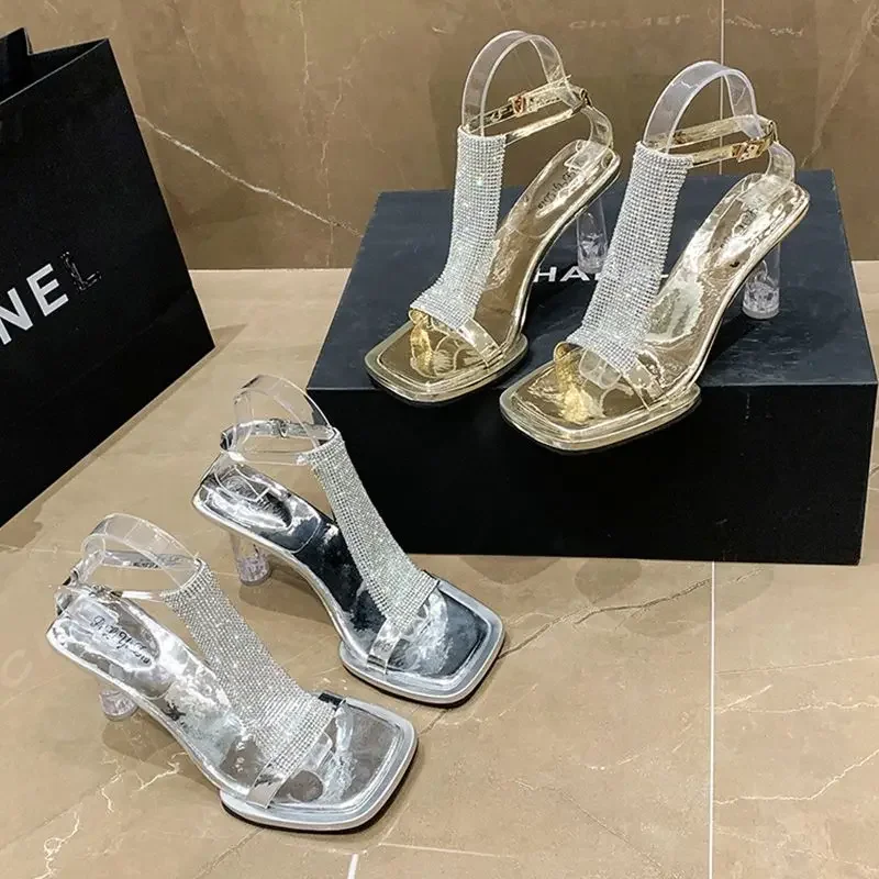 Footwear Transparent Ladies Shoes High Heels Sandals for Women Thick Heel Summer 2023 Rhinestones Block Heeled Pumps Chunky