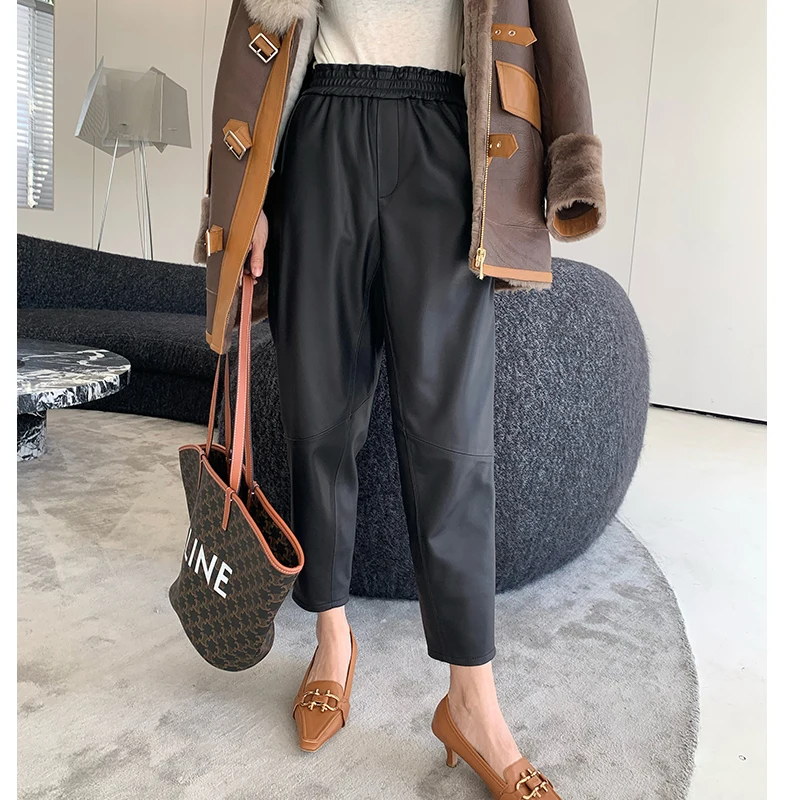 

New Women's Sheepskin Leather Pants Autumn Winter Pants Haren Pants Black Ladies Sheepskin Leather Pants Calf-length Pants