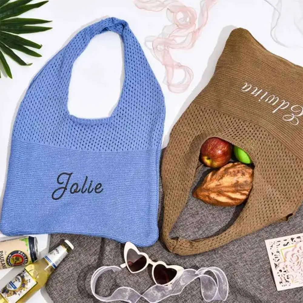 Personalized Crochet Beach Bag,Custom Embroidered Name Tote,Handmade Boho Mesh Summer Bag,Farmer’s Market & Vacation Tote Bag