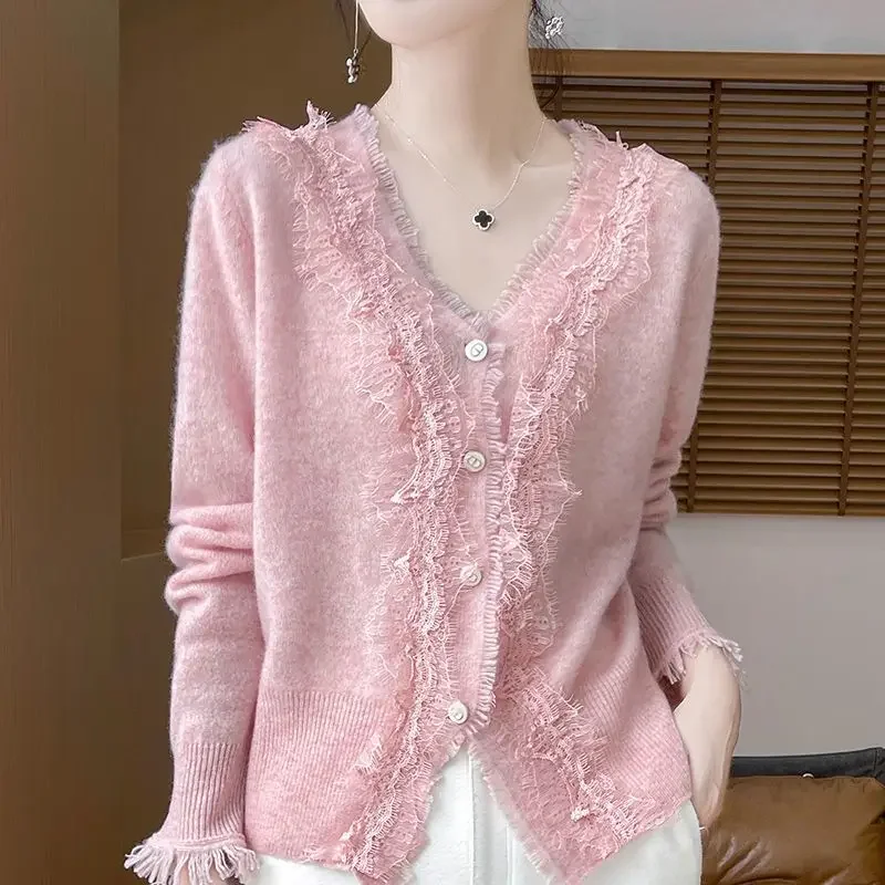 

Autumn and Winter 100 Lace Stitching Wool Cardigan Lace Knit Sweater Crocheted Floral Coat Loose Long Sleeves Personality Simple