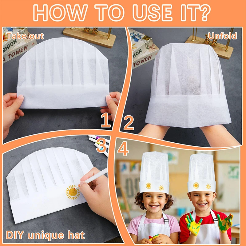 Casquettes de Chef jetables pour enfants, 10 pièces, chapeau de cuisine pour filles, Non tissé, respirant, pour jeu de rôle de la maternelle