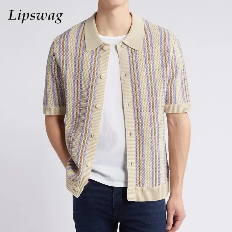 

Trendy Mens Short Sleeve Knit Cardigan Tops Summer Casual Slim Striped Knitted Shirts Men Fashion Buttoned Lapel Knitting Shirt