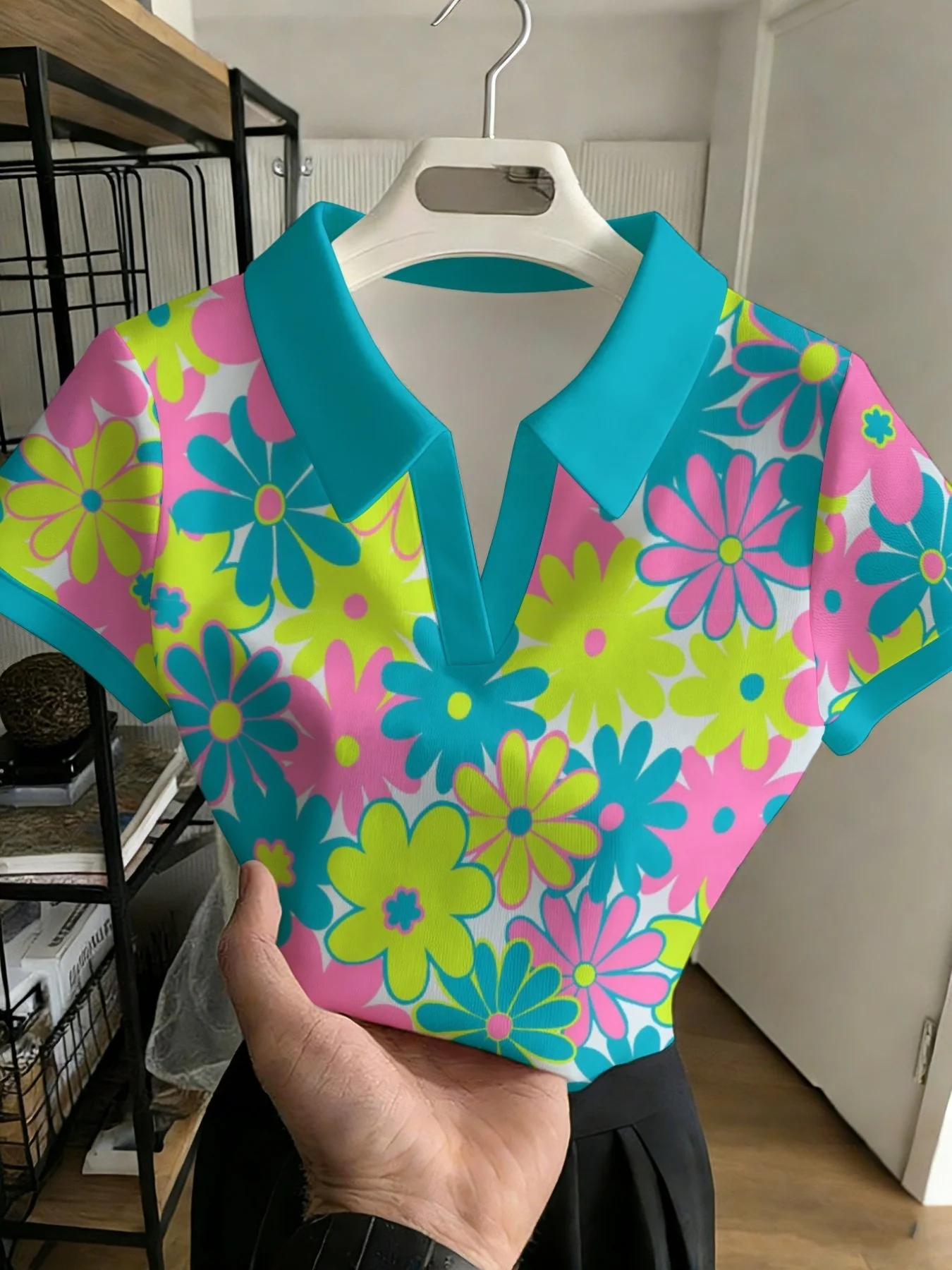 Dopamine Color-Blocking Neon-Gänseblümchen-Print Kurzarm-Shirt für Damen, Damen-T-Shirt mit Kragen – Detail 3