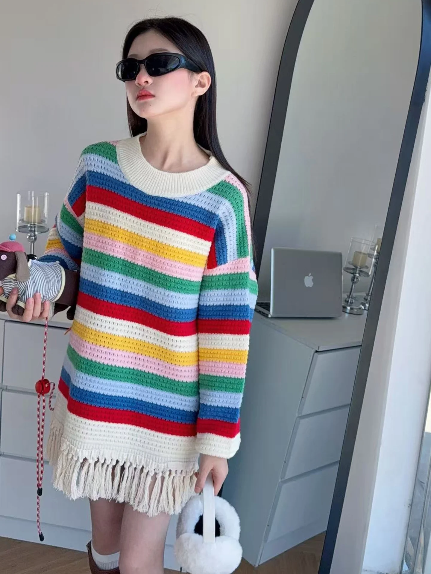 Spring Autumn Knitwear for Girls Tassel Trimmed Color Blo Striped Sweater Mid-Length round Ne Long Sve Warm Commute Sle