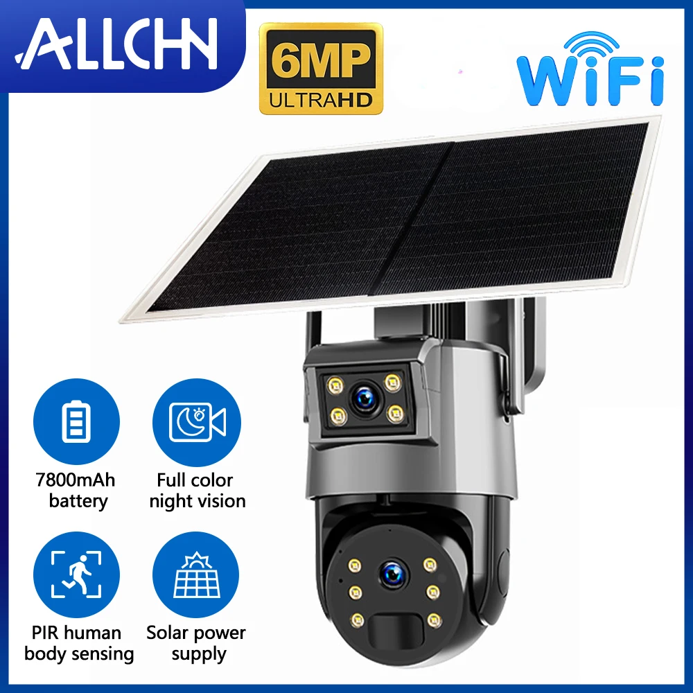 Allchn 6mp Wifi Dual Lens Solar Camerapaneel Cctv Camera Ptz Outdoor Full Color Audio Pir Menselijke Detectiecamera