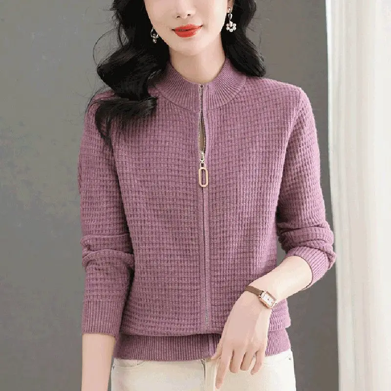 Veste courte Slim pour femme, vêtements de printemps et d'automne, col montant, tricot, haut à manches longues, manteau pull pour femme