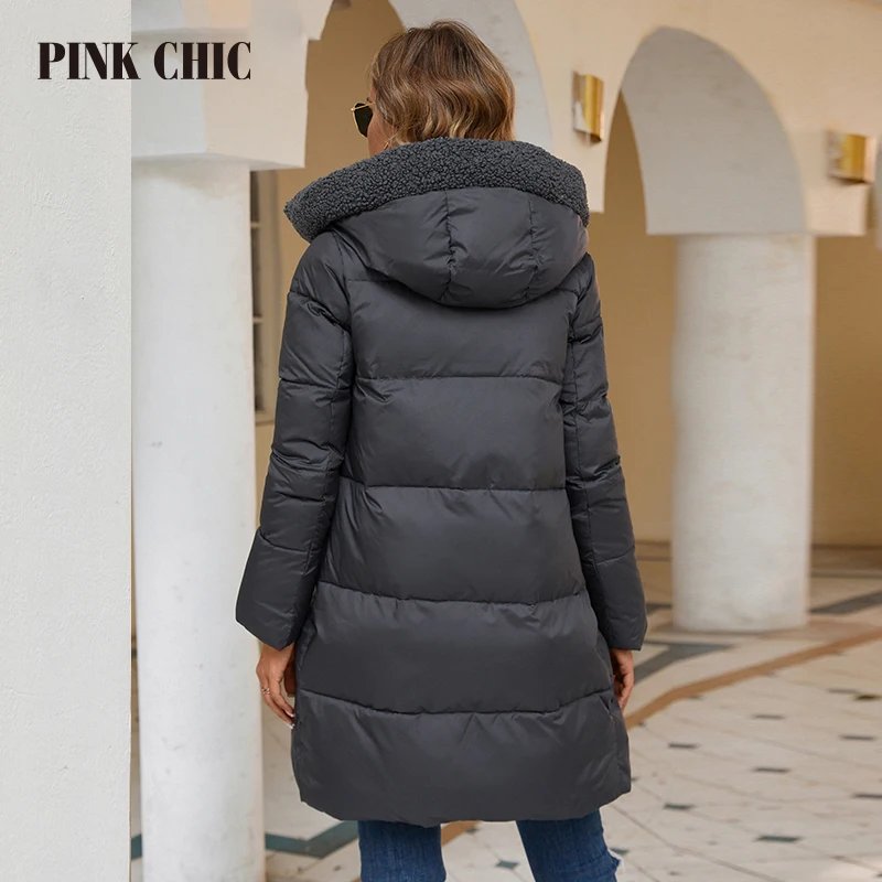 Imagem -02 - Cabolsa Casual com Capuz de Gola Quente Feminino Parkas com Zíper Longo Jaqueta Costura Rosa Chic Feminino Inverno 2023 2023