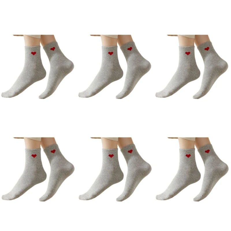 

6 Pairs Nonslip Middle Calf Cotton Socks With Heart Pattern Soft Practical Unisex Design Comfortable Socks For Daily Wear