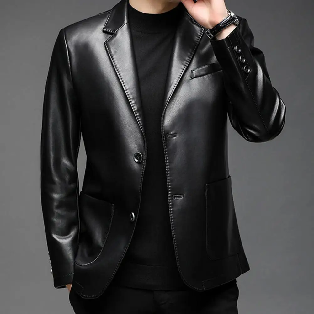 

Lapel Faux Leather Men Jacket With Pocket Cuff Buttons Leather Men Coat Casual Fit Slim Blazer Jacket Moto Biker Leather Coat