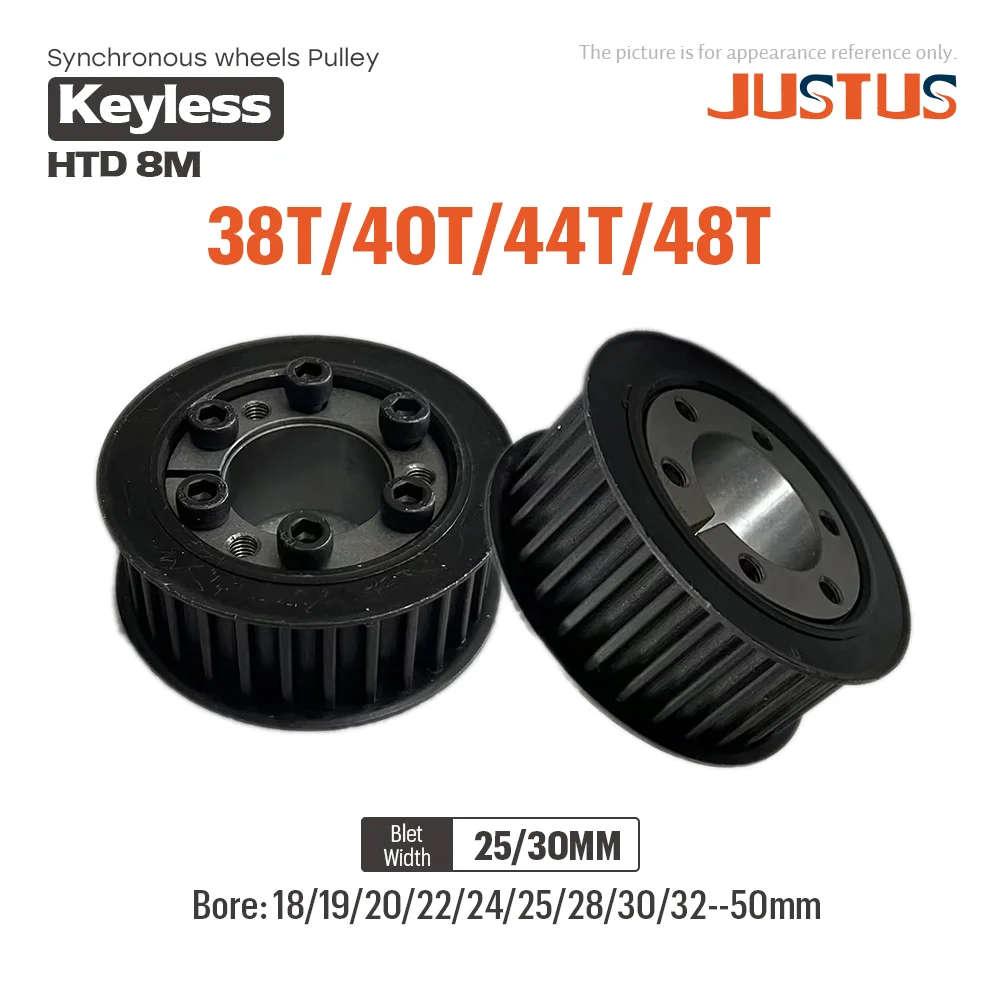 

HTD8M 38T/40T/44T/48T Timing Pulley With Keyless Bushing Bore 18/19/20/22/24-50mm Steel Synchronous Wheel For Width 25/30mm Belt