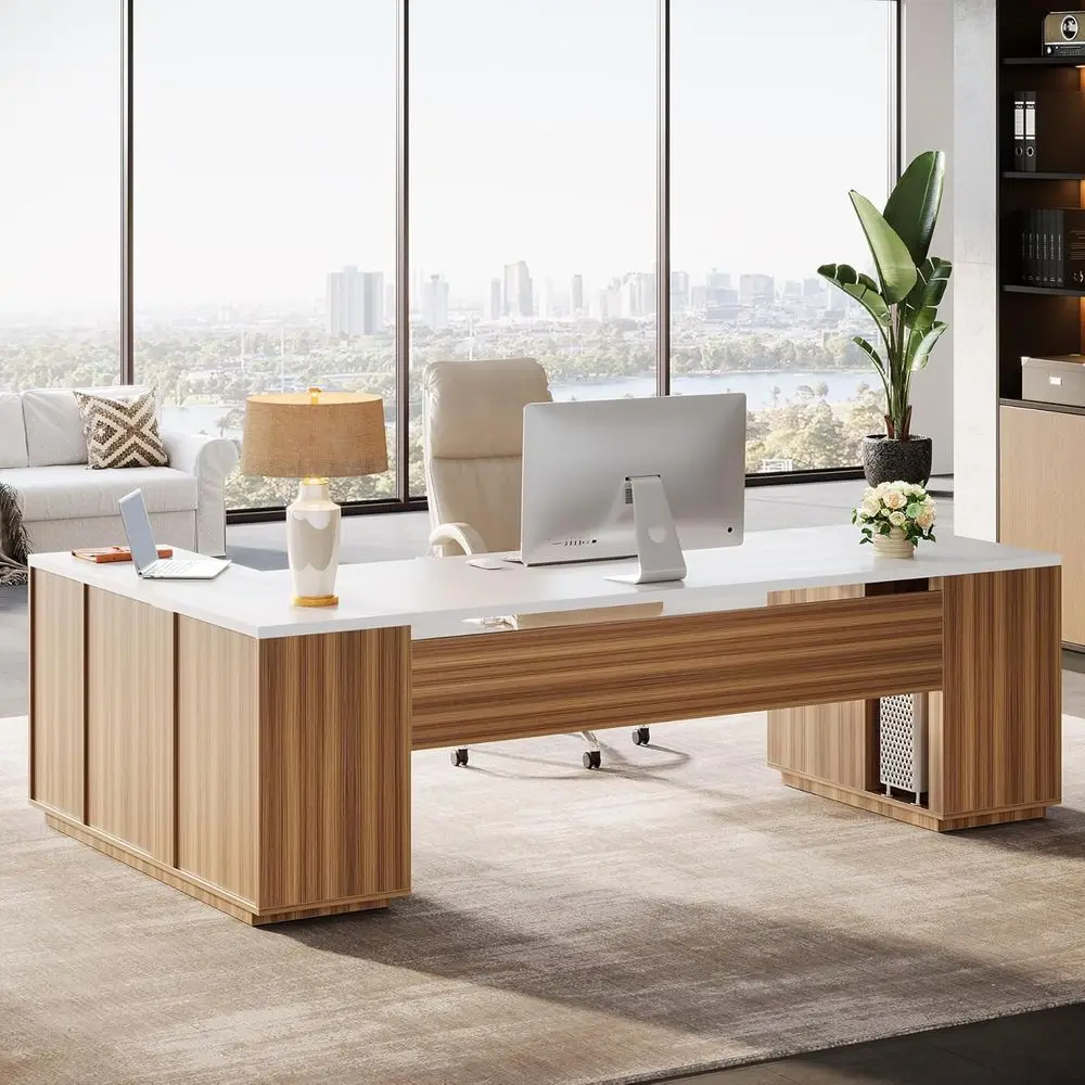 

Inch L-Shaped Executive Desk with File Drawers, Door Cabinet & Shelves, Extra Large Commercial Office Desk, Modern Professional