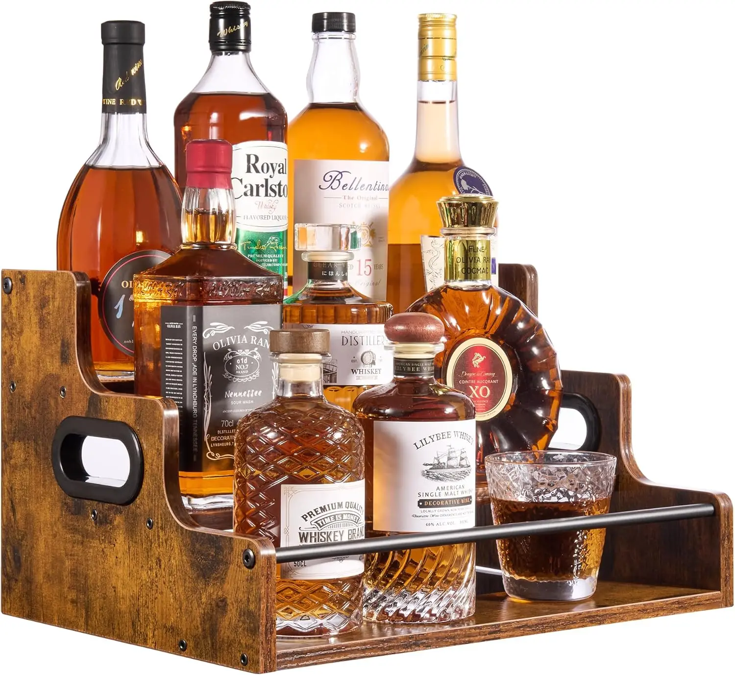 

3-Tier Liquor Bottle Shelf - Holds 12 Bottles, Rustic Wood Bar Organizer with Anti-Slip Pads