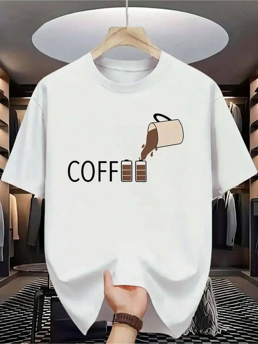 Men's Print T-Shirt - 180Gsm Breathable Short Sleeve Crew Neck Tee With Coffee Bean & Drip Design, "COFFEE" Lettering, Regular 100% Cotton Trendy Y2K Short-Sleeve Tee-Soft, Quick-Drying, Moisture-Wicking;  Great Gift for Christmas or Halloween.