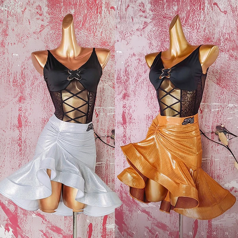 

Sexy Latin Dance Costume New 2025 Black Bodysuit Adult Laser Ruffle Skirt Performance Wear Rumba Cha Cha Training Dancewear 3349