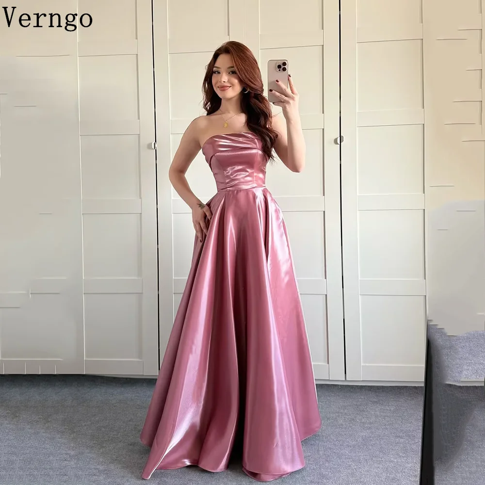 

Verngo Pink Satin Evening Dress Strapless A Line Elegant Prom Party Dresses Women Formal Prom Gowns Customized