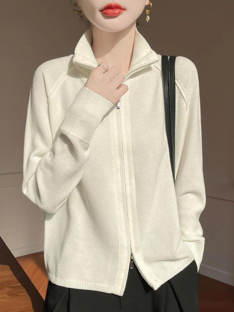 

Chic Women 100% Wool Cardigan Zipper Sweater Spring Autumn Winter Shiny stand collar Long Sleeve superfine wool Knitwear Tops
