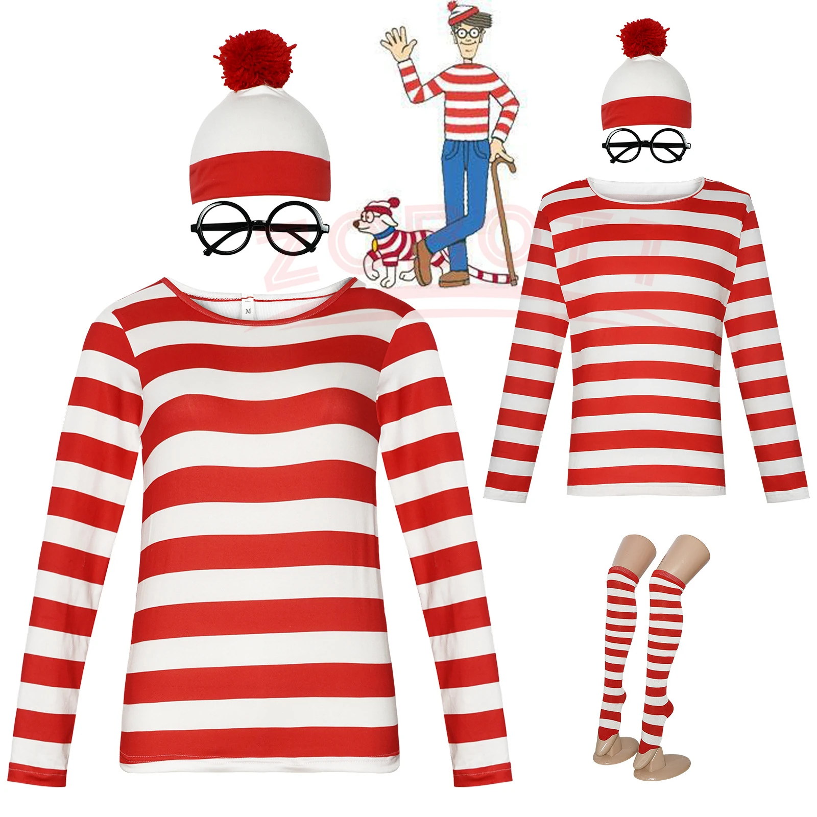 Wheres Waldo Striped Shirt Youth Kids Boys Wally Costume Shirt Glasses and Hat Socks Unisex Adults Halloween Cosplay Costume