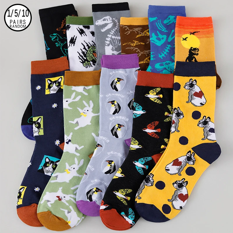 1/5/10 Pairs Random Women Various Cartoon Letter Trendy‑Cool Patterns Comfortable Breathable Mid‑Calf Socks