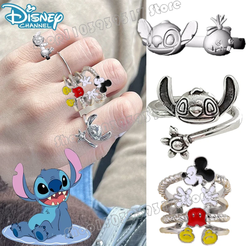 2024 Kawaii Disney Ring Anime Figure Stitch Mickey Cute Fashion Adjustable Ring Women Jewelry Good Friends Christmas Gift