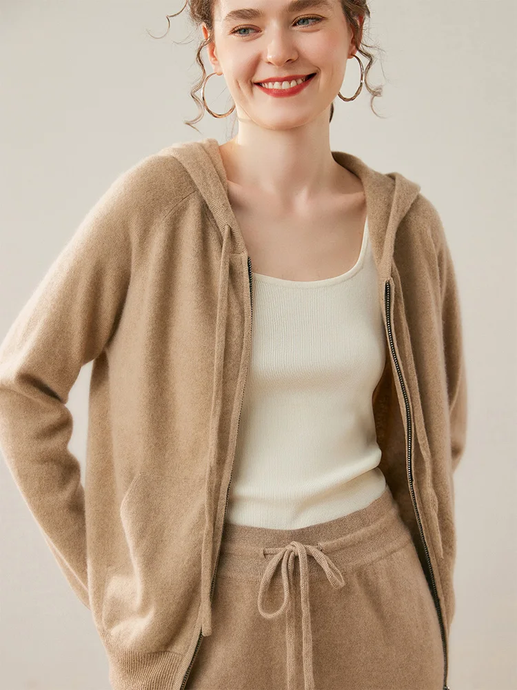 

MEETCC Women's 100% Cashmere Zippered Cardigan Cashmere Knitwear Hooded Loose Coat Autumn Winter Soft Warm Pockets Jacket