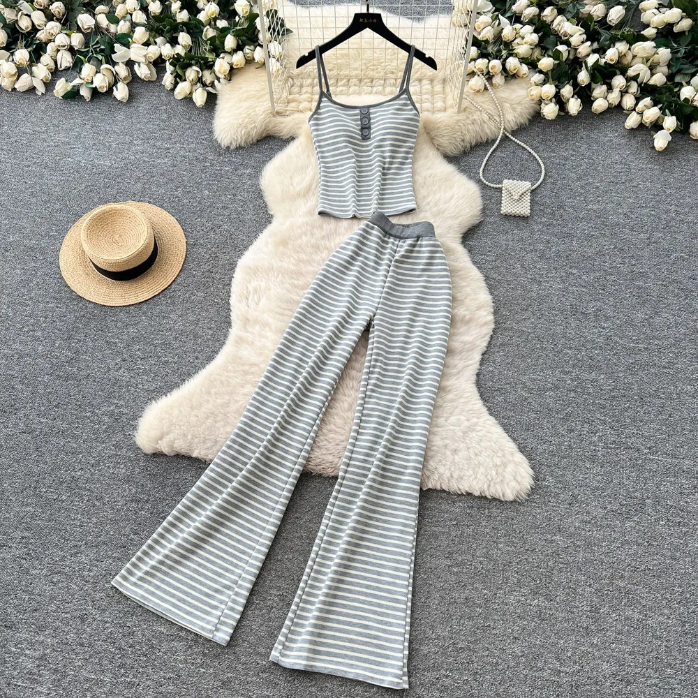 

Women Pant Set Two Piece Sets Sling Sleeveless Vest Short Tops Striped Wide Leg Long Pants Elastic Waist Y2k Streetwear 2026