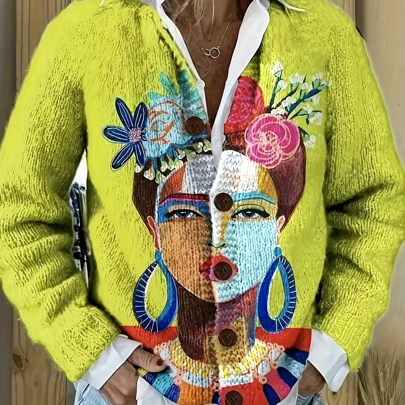 

3D Color Blocked Pattern Printed Cardigan Knitted Jacket 006