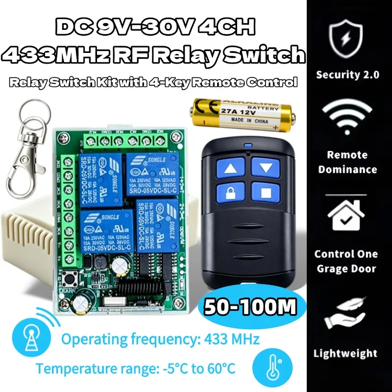 Intelligenter Multifunktions-DC 12V 24V 10A 433 MHz 4-Kanal Drahtloser Relais-Fernbedienungsschalter Empfänger + 4-Tasten-Sender