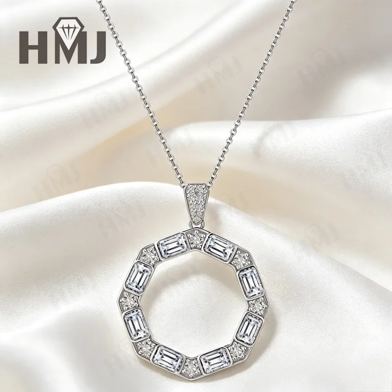 925 Sterling Silber Halskette mit Baguette-Schliff Moissanit Oktagonaler Kreisanhänger Hohlkreiskette Schmuckgeschenk für Frauen Charms – Detail 8