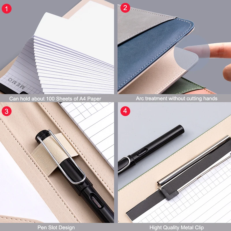 A4 Business PU Leather File Folder Padfolio Clipboard for Document Splices Folder Calculator Meeting Writing Pad for Office