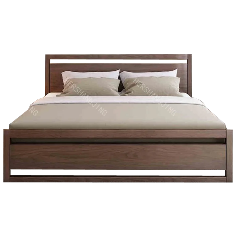 All solid wood bed, North American black walnut bed, Nordic simple log slab, master bed