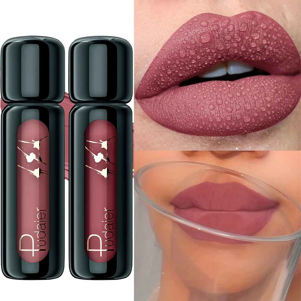 Waterproof Non-Fade Matte Lip Gloss Set 2pcs Pudaier Nude & Reddish-Brown Non-Stick Cup Lip Color