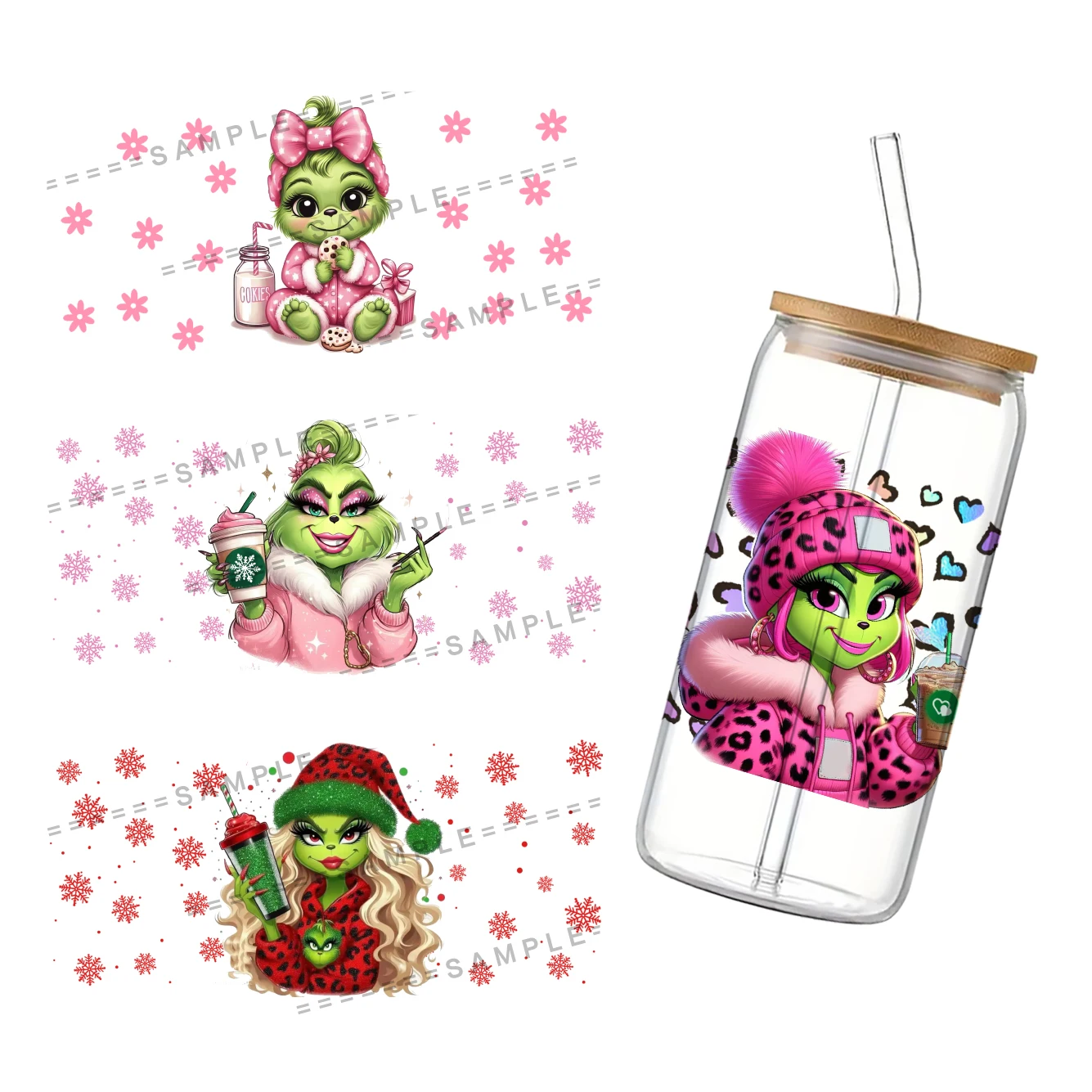 Nieuwe Mode Kerst Cartoon Voor Libbey 16Oz Kan Glas 3d Waterdichte Uv Dtf Koffie Kan Verpakken Libbey Glas Wrap