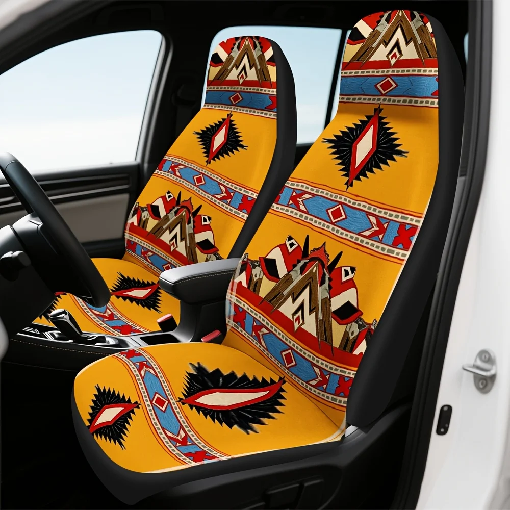 2pcs Aztec-Inspired Geometric Front Seat Covers - Lightweight, Washable, Polyester Fiber, & Red Design With & Accents, Fit For M