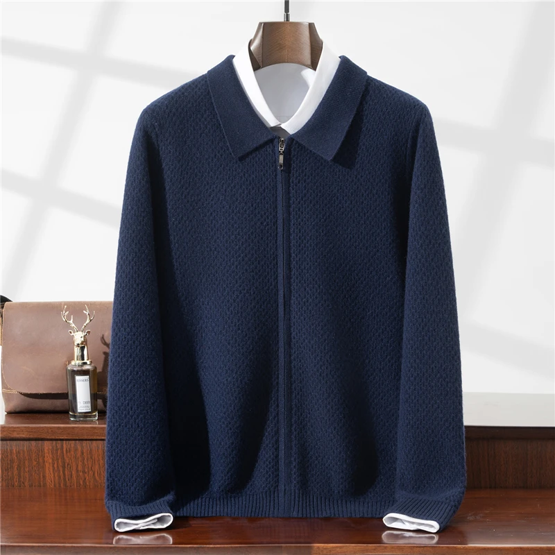 100% Wool Sweater Turn-Down Collar Cardigan Men's Knitted Casual Sweater Zipper Middle-Aged Men's Knitted Jacket