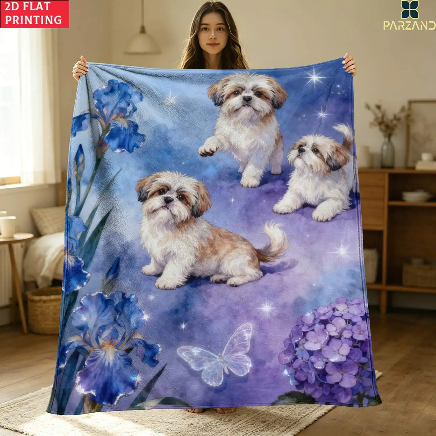 Premium Soft Dog Puppy Floral Print Throw Blanket Cosy Fleece Lap Throw for Pet Lovers Home Decor Gift Unique Galaxy Design