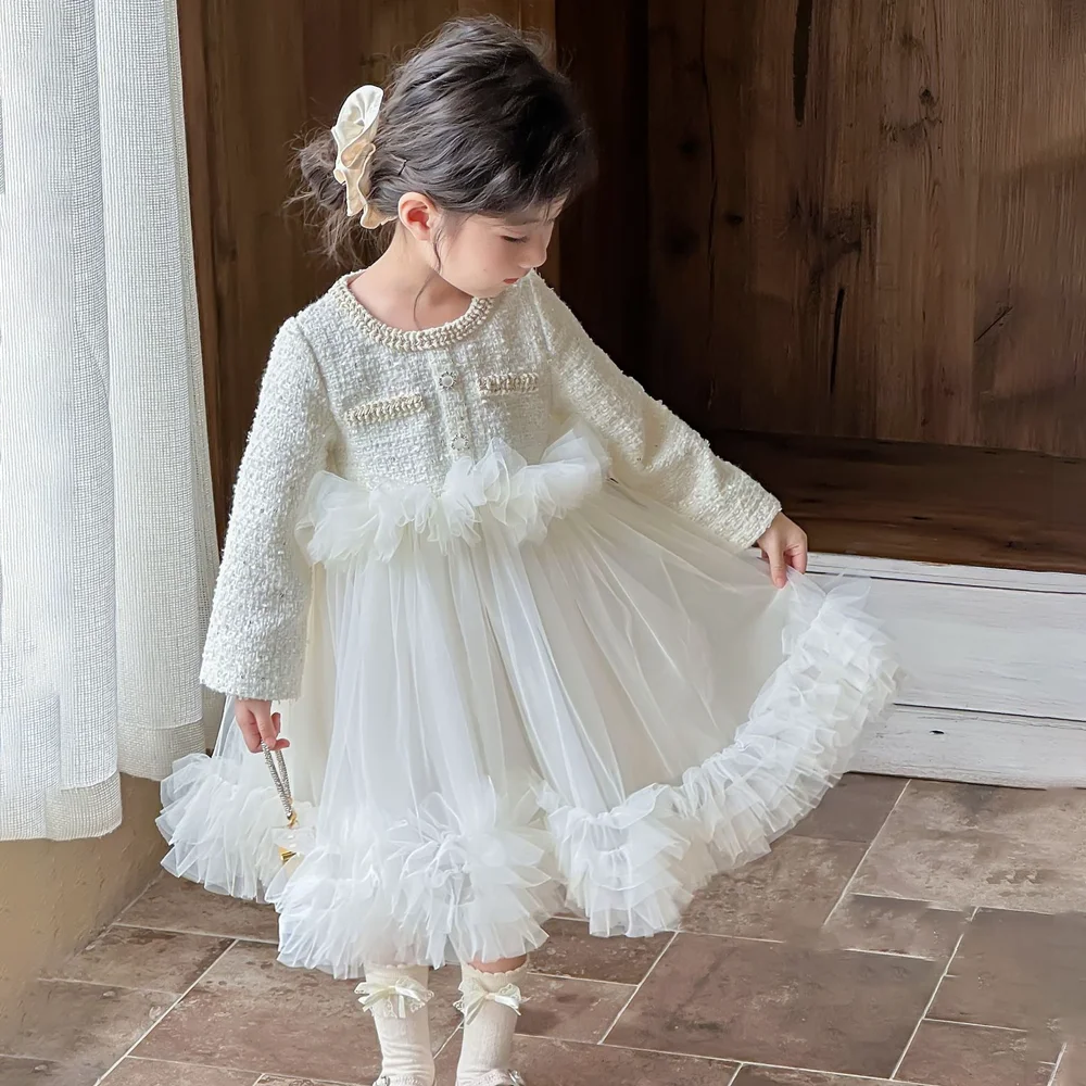 

French Princess Dress With Lace Tulle Skirt White Elegant Dress For Performance Birthday Party Prom Costumes Children Aged 3-8