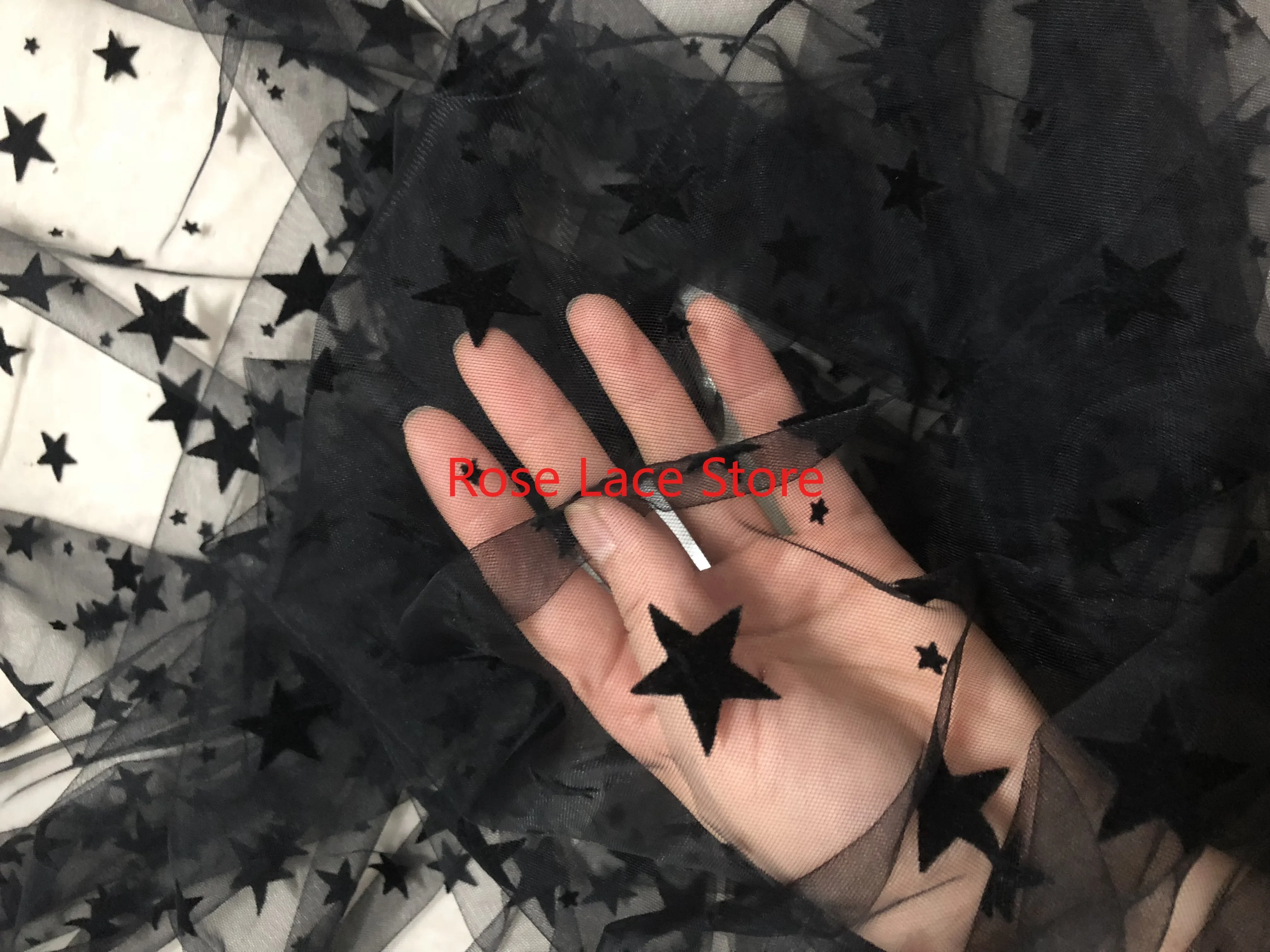 Black Flocked Star Mesh Tulle Lace Fabric for Princess Dress Wedding Lace Bridal Dress Veil Headband Tutu Skirt 1 yards