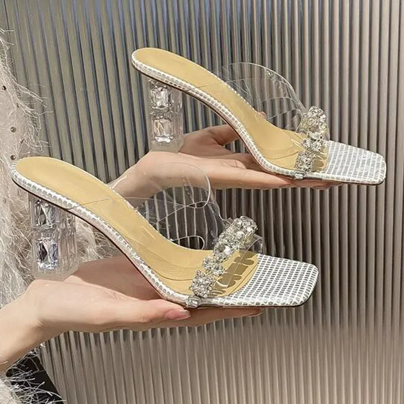 

Bling Big Crystal Studs Square Heels Slipper Sandals Rhinestone PVC Peep Toe Woman Summer Clear High Heels Slide Shoes