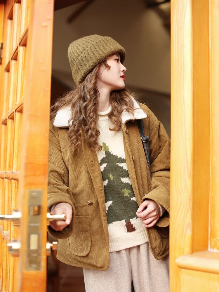 

Hua Ji B59 Women's Loose Fit Corduroy Jaet Khaki Color Blo Cotton Coat Sweet Sle Autumn Winter New Arrival