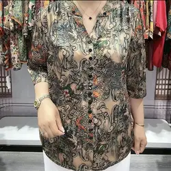 Women's Clothing Vintage Flowers Printed Shirt Summer New Half Sleeve Commute Single-breasted Stylish Casual V-Neck Loose Blouse