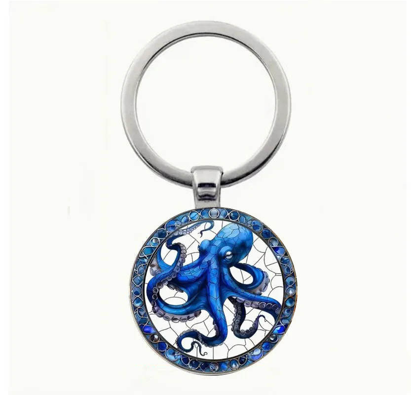 Винтажный-брелок-«Синий-осьминог»-—-сплав-цинка-художественный-витражный-дизайн-с-застежкой-золотого-цвета-идеально-подходит-для-подарков-на-день-рождения