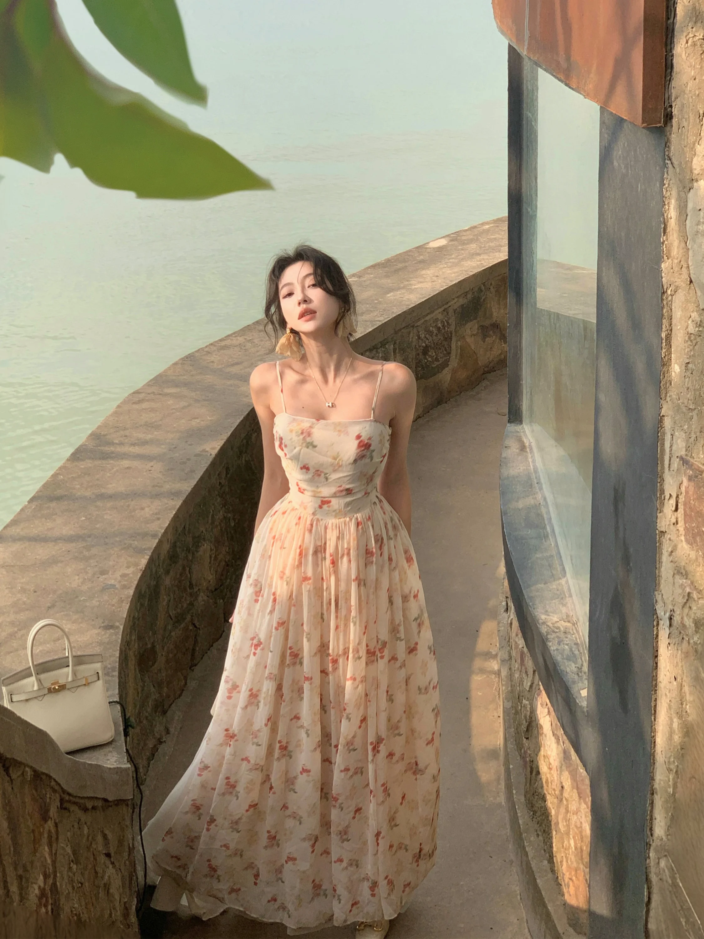 

Sweet Floral A-Line Dr Women's Svel Waist-Cinched Fairy Skirt Summer New Sle High Waist Long Dr Commute Sle