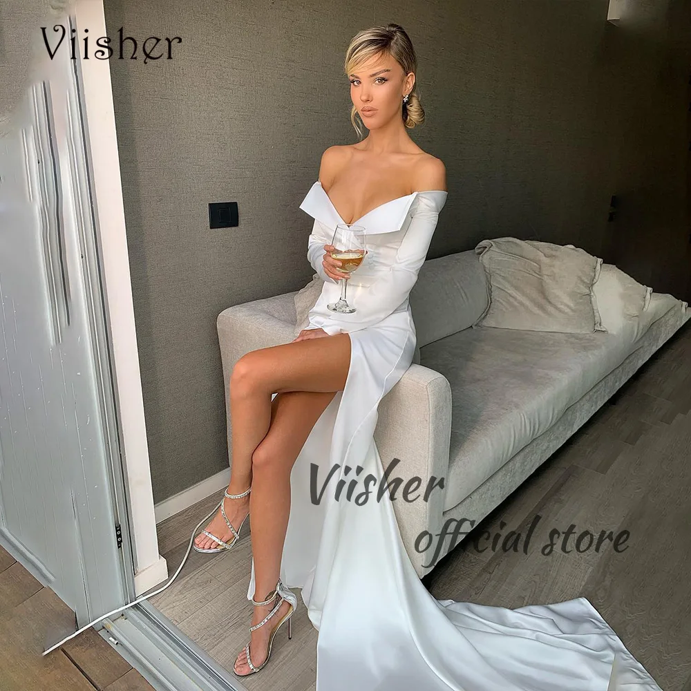 

Viisher White Mermaid Wedding Party Dresses Sexy Leg Split Off Shoulder Bride Dress Floor Length Beach Prom Party Gowns