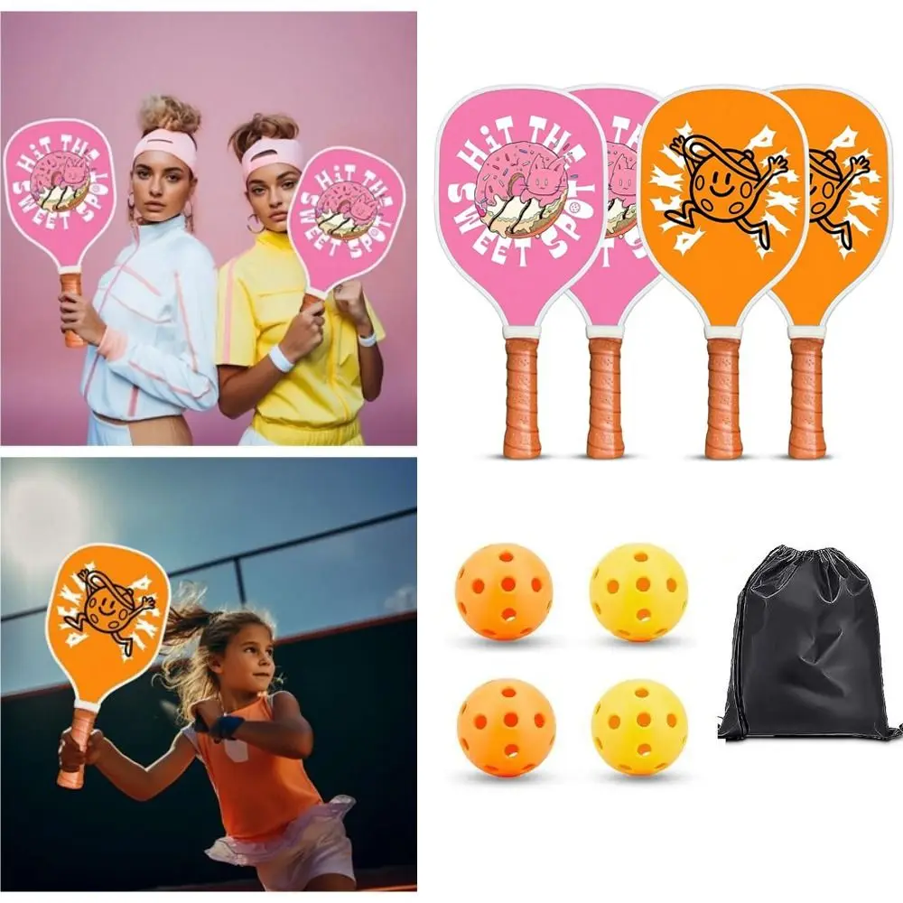 4Pcs/Set Non-Slip Cushion Grip Pickleball Racket Set Wooden Ergonomic Design Pickleball Paddles 4pcs Pickleball Balls