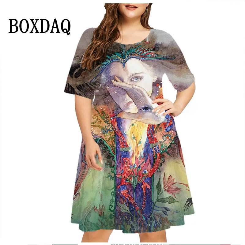 2024 Summer Retro Oil Painting Dress Women Tie Dye 3D Print Short Sleeve Oversized Dress Casual O-Neck Loose Plus Size Dresses