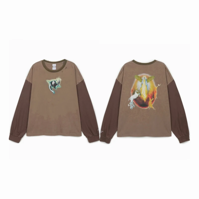 Men Vintage Color Block Protocol Long Sleeve T-shirts Distressed Hole Details Angel Figure Print Loose Vintage Tees