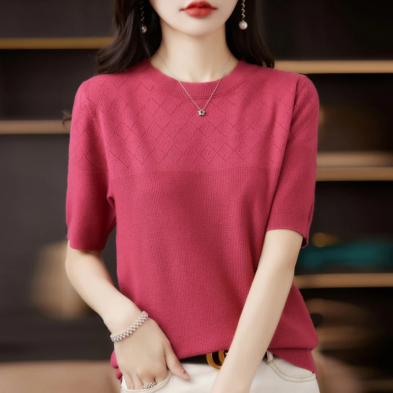 2023 Summer New Women\'s Short Sleeve Round Neck Knit Pullover Casual Hollow Out Sweater Short Sleeve Loose Fashion T-shirt Top